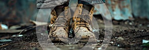 Dirty old shoes, worn out boots, long road, hiking symbol, forest walk, dirt off-road, refugees, holey boots photo