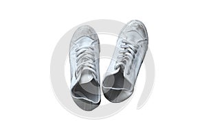 Dirty old used white footwear fashion casual trendy shoes on white background