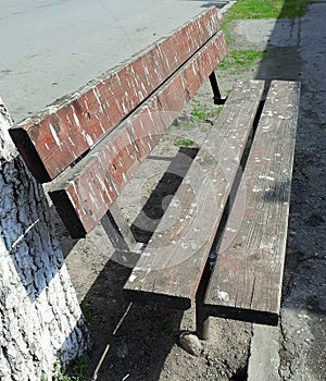 Dirty old wooden bench with pigeon manure in city