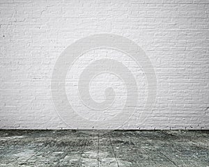 Dirty old wooden floor with white bricks wall, background