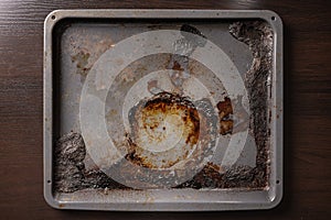 Dirty oven-tray with fried fat