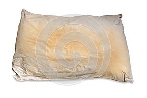 Dirty pillow isolated on white background, are a source of germs