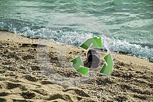Dirty plastic waste on beaches float along the waves, marine pollution harmful to humans and aquatic animals, degraded ecological