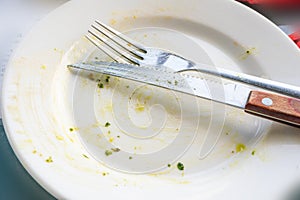 Dirty Plate Closeup, Empty Bowl after Dinner, Finished Lunch with Pizza, Oil and Smeared Sauce