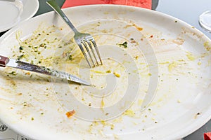 Dirty Plate Closeup, Empty Bowl after Dinner, Finished Lunch with Pizza, Oil and Smeared Sauce