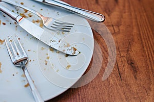 Dirty plate. Empty plate after eating place on wooden table in coffee shop.