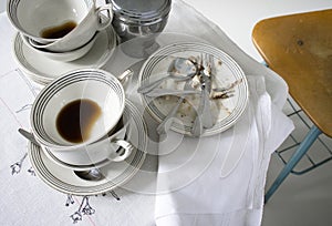 Dirty plates and coffee cups on a table