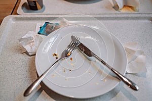 Dirty plates and utensils on a plastic tray in a cafe or restaurant