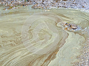 Dirty puddle on a broken road with yellow stains from an allergenic pollen photo