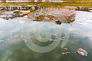 Dirty river in the city. Environmental problem - water pollution