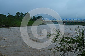 Dirty river current after rain. Mudslide concept. River flow with dirty water after heawy rain