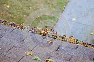 Dirty roof with gutter with leaves requiring cleaning