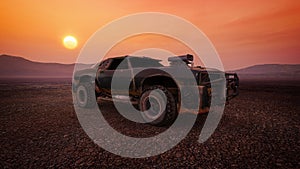 Dirty rusty muscle car in a fantasy future desert wasteland landscape at sunset. Post apocalypse concept 3D rendering