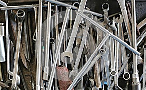 Dirty set of hand tools background. Tools and wrench. Many old wrench and tools