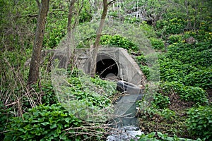 Dirty sewage stream flowing from sewer tunnel