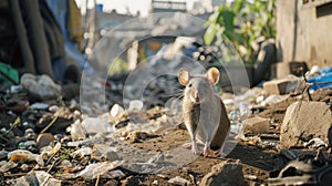 Dirty, shaggy, skinny rat ate garbage. Garbage bags on the floor were wet and smelled very bad. reflecting the problem