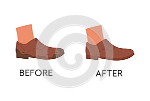 Before and After Dirty Shoe Cleaning Service. Unclean and clean footwear care. Brown color flat sole trendy shoes. Muddy