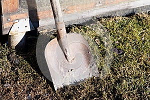 Dirty shovel tool. Spring, farming. Outdoor