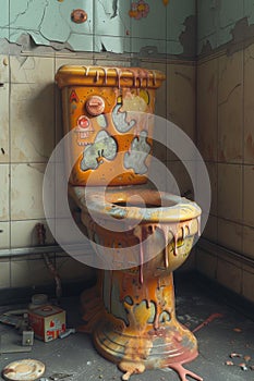 Dirty and smelly toilet with germs . Compliance with sanitary and hygienic rules. 3d illustration