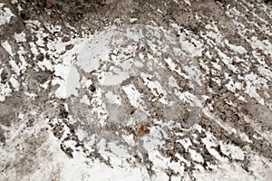 Dirty snow spring background. Old and dirty snow texture. Natural background. Snow mixed with coal soot, poor ecology.