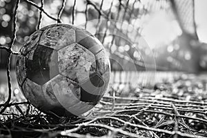 Dirty Soccer Ball Resting in a Corner of the Soccer Goal Net, Black and White