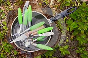 Dirty spoons, forks and knives are in the pan on a stump wood af