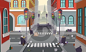 Dirty street with garbage, vector background