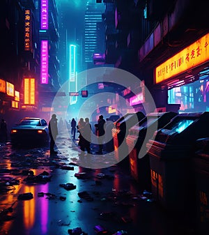 Dirty street of neon futuristic dystopian city with garbage and waste scattered around, generative ai