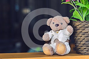 Dirty teddy bear in white shirt make a hand say hi sitting on wooden table next flowers basket pot at coffee shop