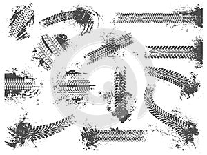 Dirty tire tracks. Grunge motor race track, wheel tires protector pattern and dirt wheels imprint texture vector illustration set