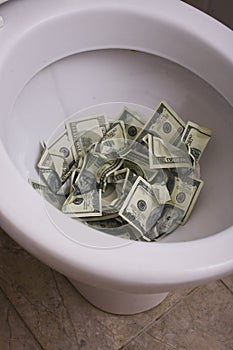 Dirty toilet with money close up, lot of cash