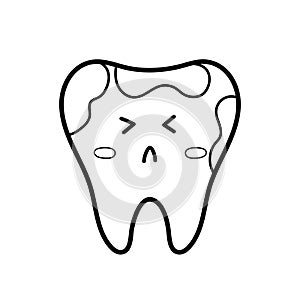 Dirty tooth with caries. Line art dental character. Teeth health care