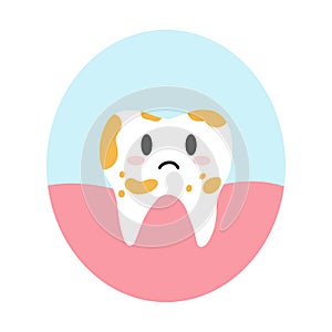 Dirty tooth cartoon character in cartoon flat style. Vector illustration of disgruntled unhealthy teeth character