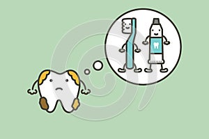 dirty tooth with dental plaque thinking of toothbrush and toothpaste - teeth cartoon vector flat style