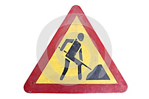 Dirty triangular red border yellow road sign `Road works` isolat