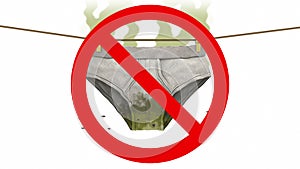 Dirty underwear in Prohibited sign. 3D animation in cartoon style.