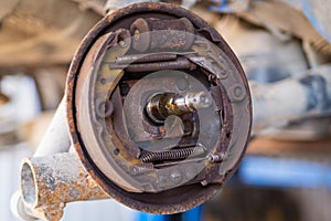 Dirty used drum brake mechanism of car wheel in garage