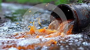 Dirty water pours out of the pipe into the river. Water pollution