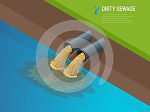 Dirty water stems from the pipe polluting the river Discharge of liquid chemical waste. photo