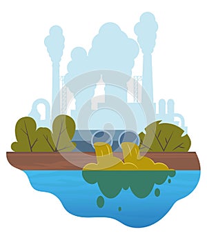 Dirty water stems from the pipe polluting the river. Discharge of liquid chemical waste. Factory in the background. The danger for