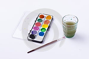 Dirty water and watercolours on white background.