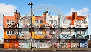 Dirty, weathered, abandoned building in run down city neighborhood generated by AI