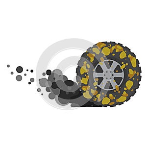 Dirty wheel of truck. Off-road driving. ground on tire