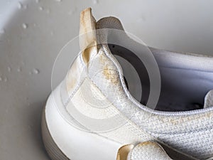 Dirty white sneakers wash in the sink. The concept of Shoe care at home