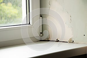 dirty window with a sill with mold from dampness, fungus on the window in the apartment