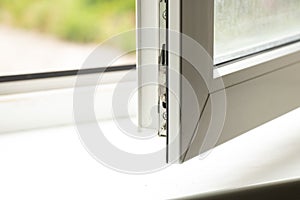 Dirty window with a sill with mold from dampness, fungus on the window in the apartment