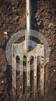 Dirty work Metal garden cultivator close up on a soil background