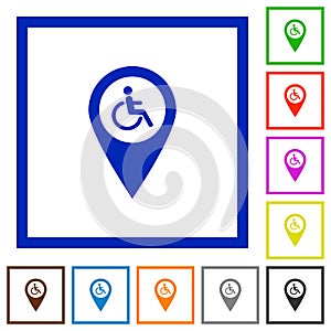 Disability accessibility GPS map location flat framed icons