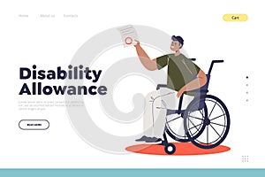 Disability allowance concept of landing page with young man on wheelchair