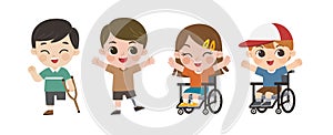 Disability children. Happy children with disabilities set. Kids sitting in wheelchairs and waving their hands in greeting.